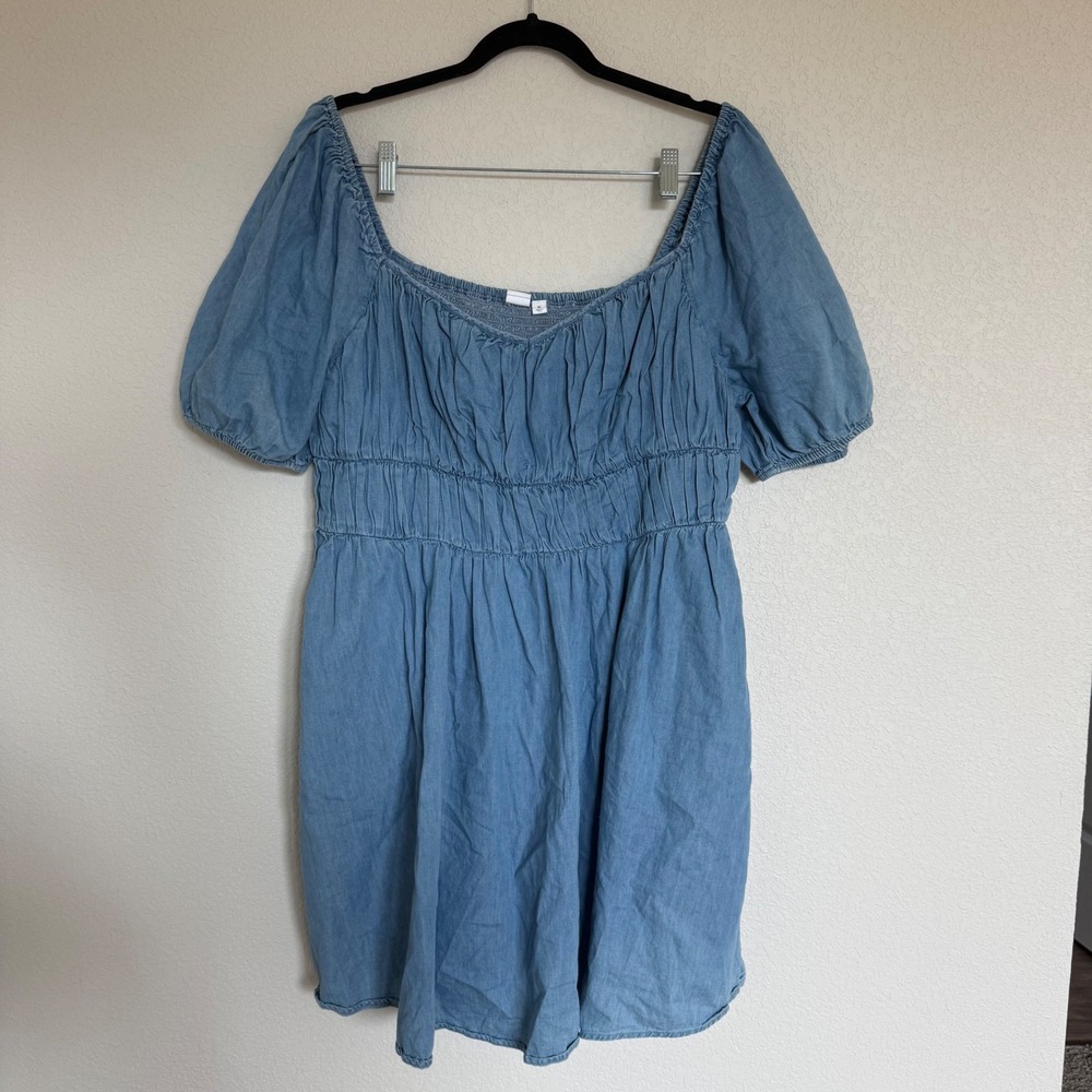 Gap Women Blue Denim Chambray Smocked Puff Sleeve Mini Dress XL Pockets Feminine